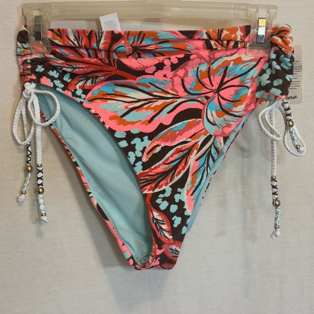 AA-489 Aerie NWT High Cut Cheeky Pink Brown & Blue‎ Floral Bikini Bottoms Size M